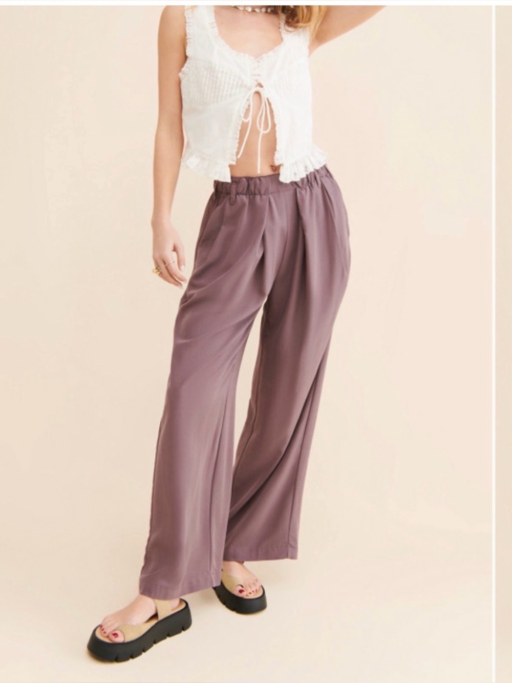 Free People Mauve Wide-Leg Elastic Waist Trousers Size S